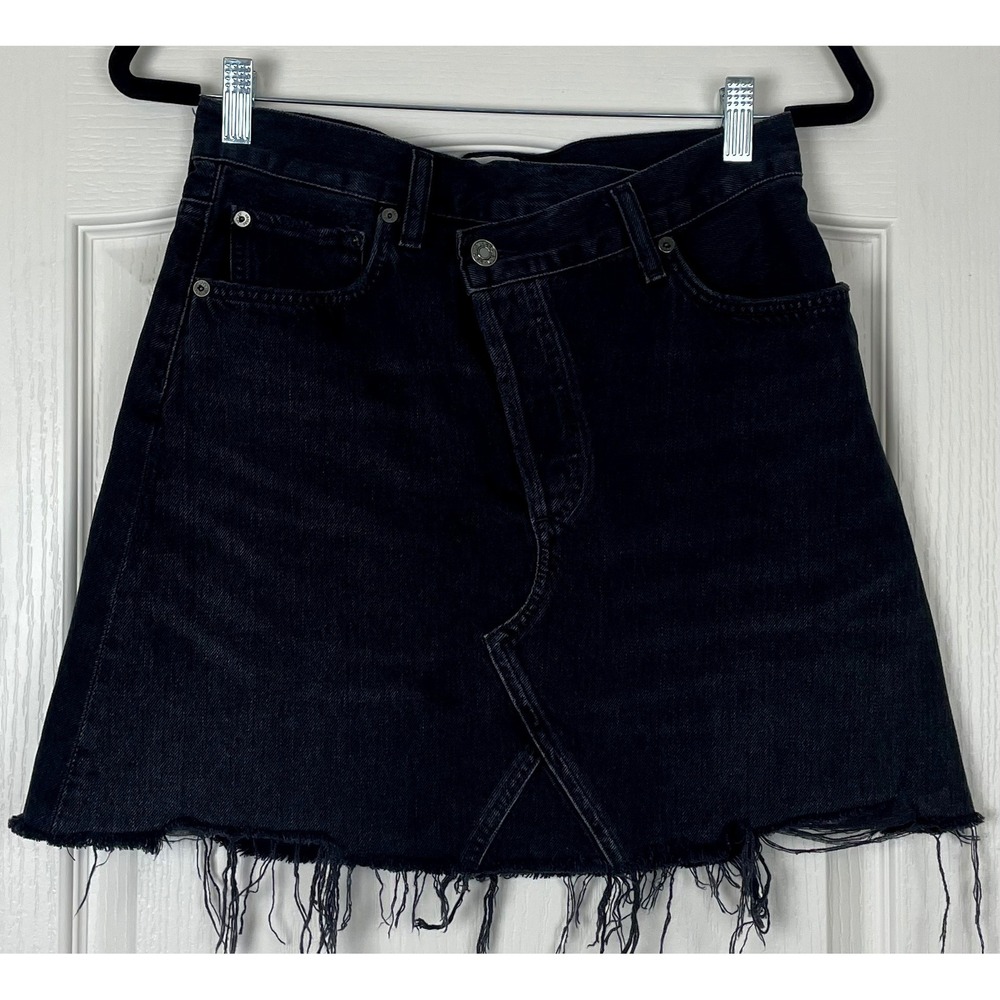 AGOLDE Criss Cross Denim Jean Mini Skirt Crossover Black Distressed Raw Hem 26 4